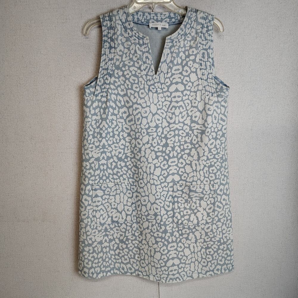 Entro Womens Small Leopard Print Shift Dress Blue White Sleeveless Boho Coastal